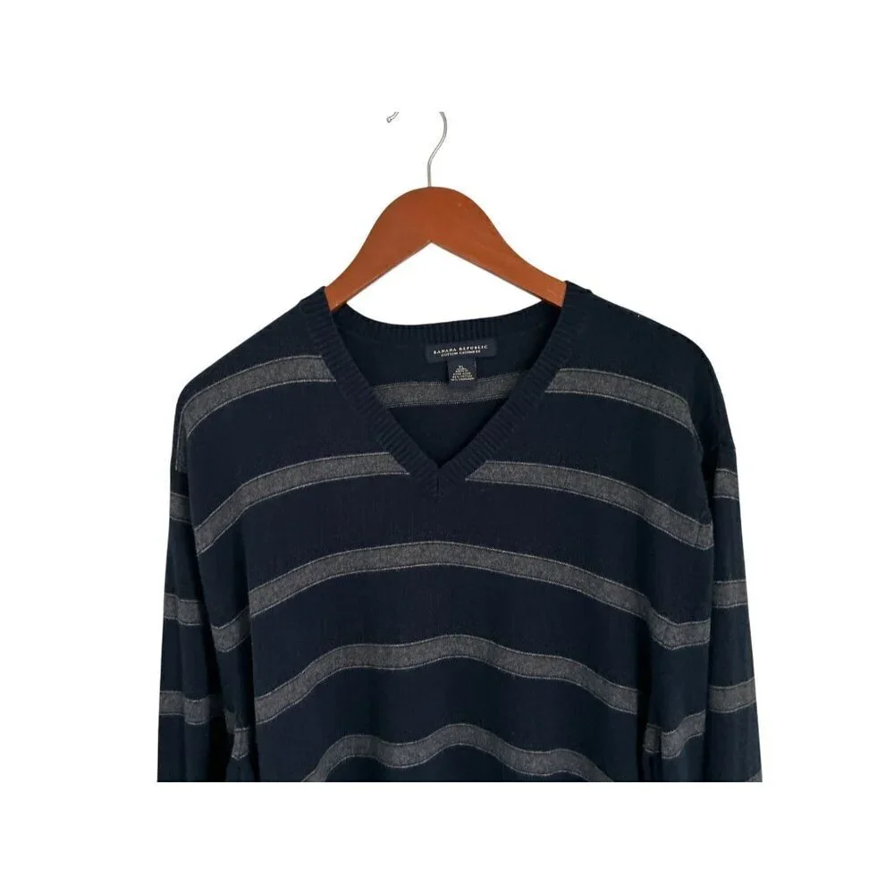 Banana Republic Cotton Cashmere V-Neck Sweater Blue Stripes Size XLarge